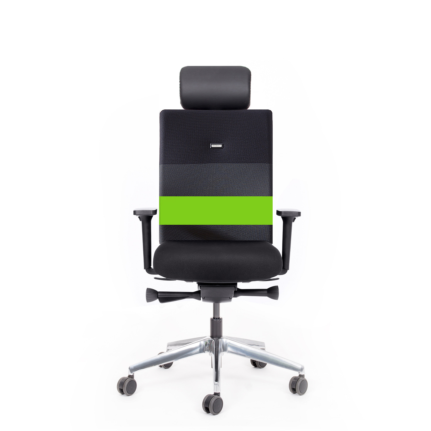 Abbildung: Bürostuhl mit gepolsterter Kopf- / Nacken-stütze, inkl. Synchronmechanik mit automatischer Sitz-neigeverstellung, 4-fach verstellbaren Armlehnen, 10 Jahre Garantie, mehrfarbig