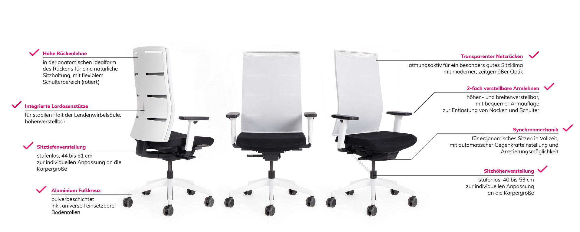 Abbildung: Vorteile vom Bürostuhl schwarz-weiß mit hoher Rückenlehne, 10 Jahre Garantie, versandkostenfreie Lieferung