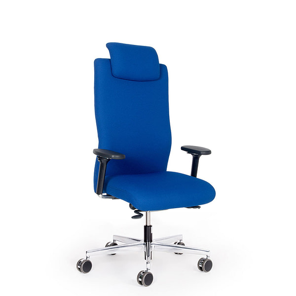 Abbildung: ergonomischer Bürostuhl mit Kopsstütze für besonders große und/oder schwere Menschen, Stoff blau, mit Armlehnen