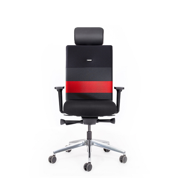 Abbildung: Bürostuhl mit gepolsterter Kopf- / Nacken-stütze, inkl. Synchronmechanik mit automatischer Sitz-neigeverstellung, 4-fach verstellbaren Armlehnen, 10 Jahre Garantie, mehrfarbig