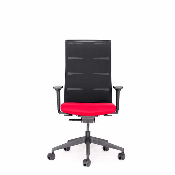 Ergonomischer Buerostuhl Matrix Hoch von Lento angepasster Rueckenlehne und Schulterbereich in schwarz und farbigen Sitz in Rot und anderen Farben direkt vom Hersteller