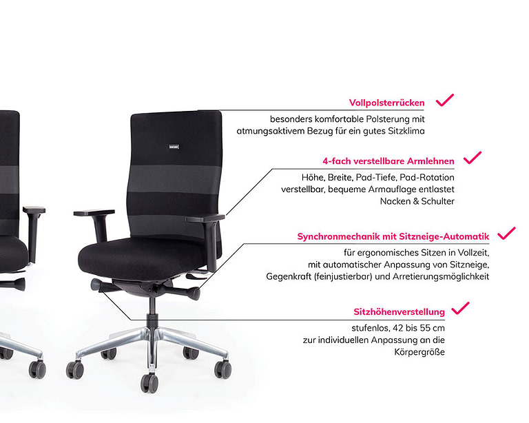 Abbildung: Vorteile vom Bürostuhl schwarz gestreift mit Vollpolsterrücken hoch, 10 Jahre Garantie, versand-kostenfreie Lieferung,