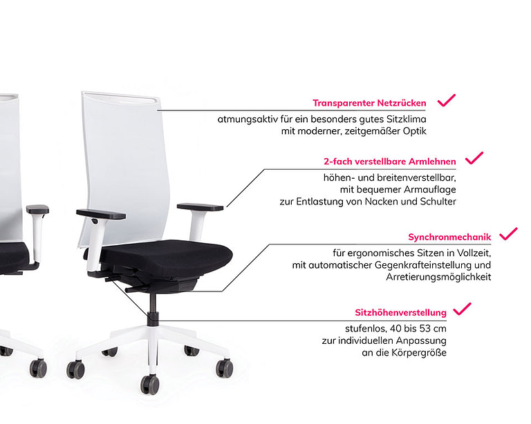 Abbildung: Vorteile vom Bürostuhl schwarz-weiß mit hoher Rückenlehne, 10 Jahre Garantie, versandkostenfreie Lieferung