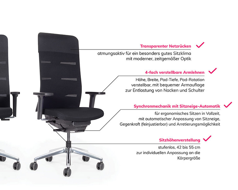 Abbildung: Vorteile vom Bürostuhl mit hoher Rückenlehne, 10 Jahre Garantie, versandkostenfreie Lieferung