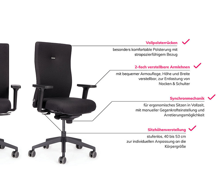 Abbildung: Vorteile vom Bürostuhl schwarz mit Vollpolster hoch, 10 Jahre Garantie, versandkostenfreie Lieferung,