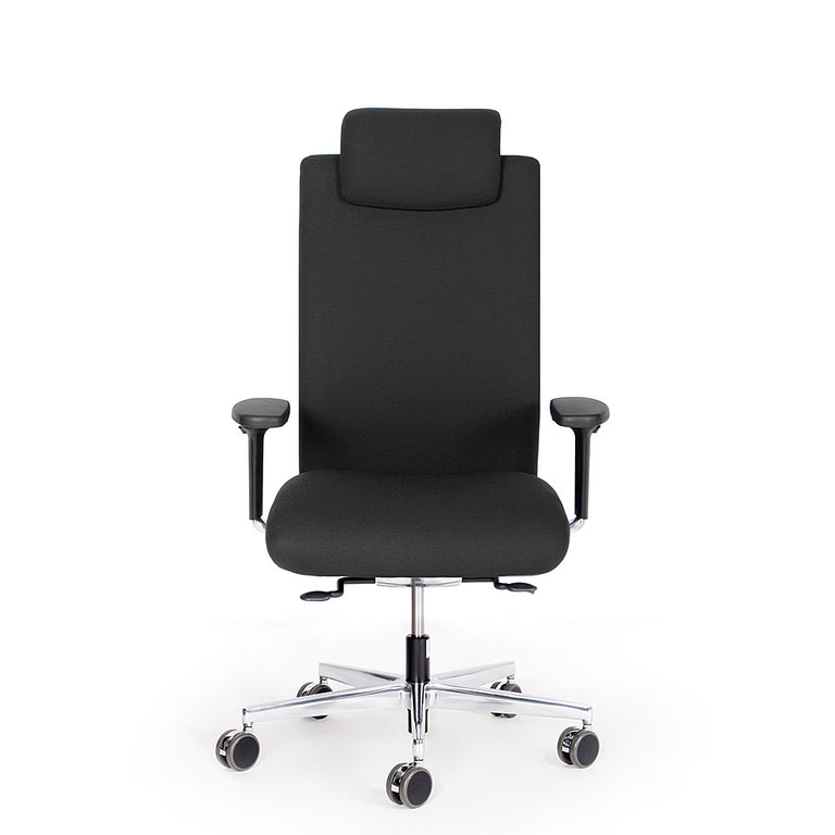 Abbildung: ergonomischer Bürostuhl mit Kopfstütze für besonders große und/oder schwere Menschen, komplett montiert, ausgepackt, vertragen, gebrauchsfertig aufgestellt inkl. Entsorgung der Verpackung