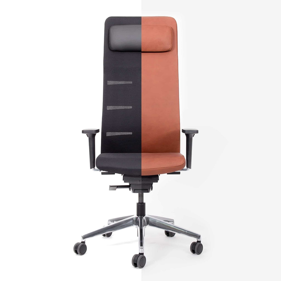 bild eines Chefsessel Bürostuhl mit Kopfstütze entweder in Stoff oder Echtleder mit freier Farbwahl