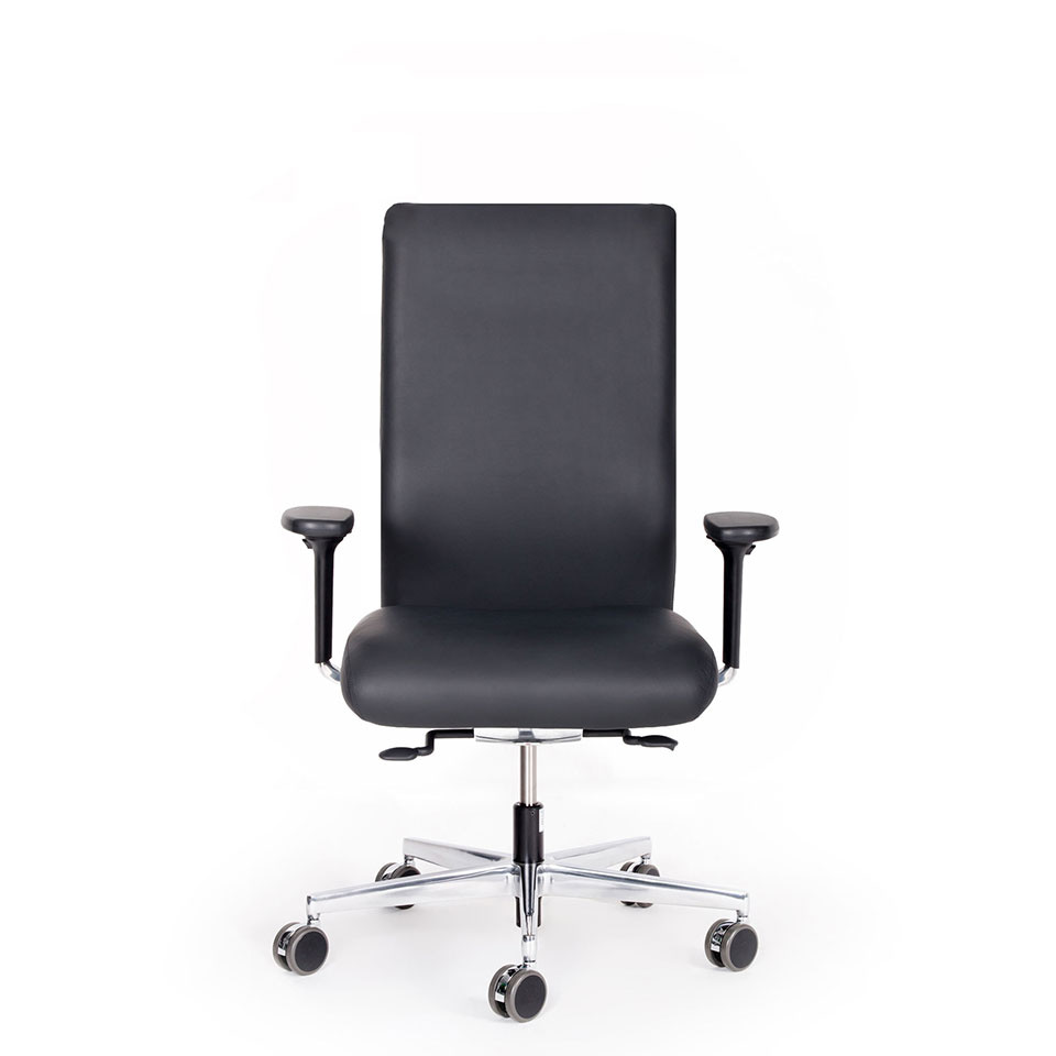 Abbildung: ergonomischer Bürostuhl mit Kopsstütze für besonders große und/oder schwere Menschen, Echtleder schwarz, mit Armlehnen