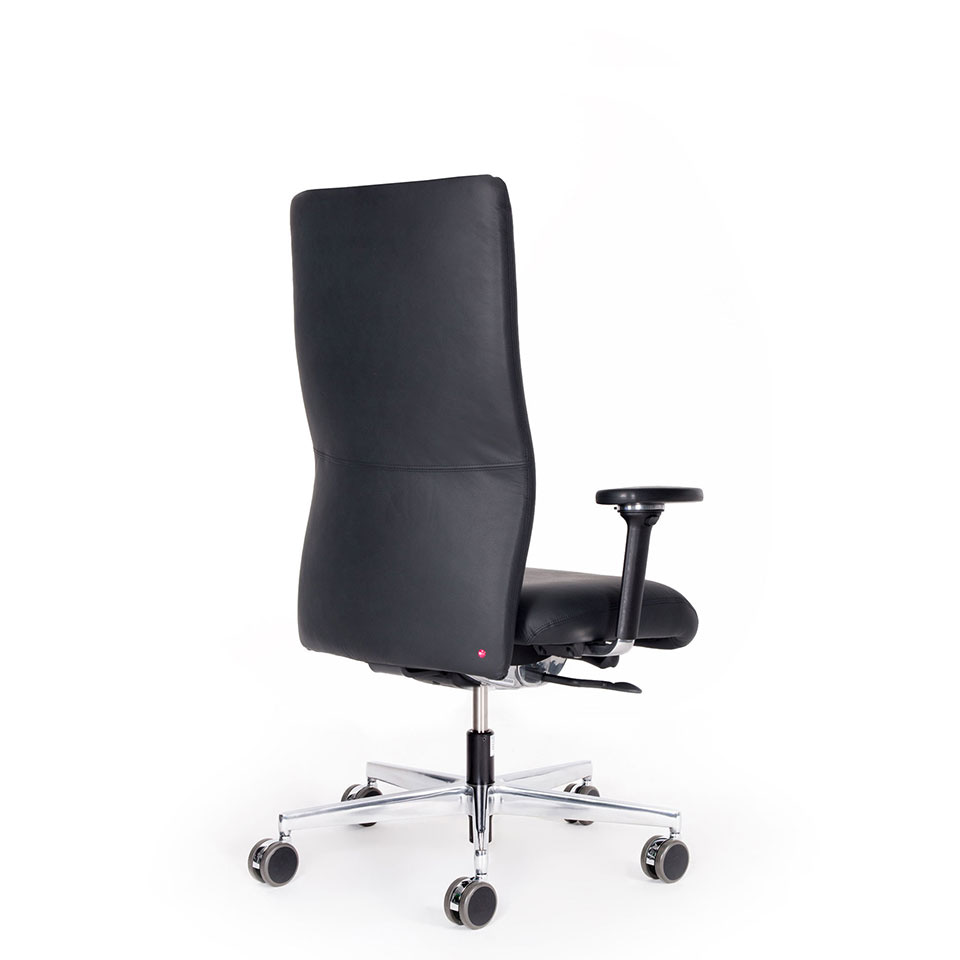Abbildung: ergonomischer Bürostuhl mit Kopsstütze für besonders große und/oder schwere Menschen, Echtleder schwarz, mit Armlehnen