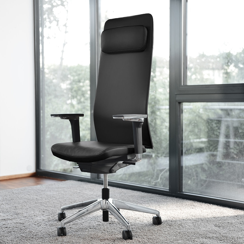 bild von lento agilis matrix ergonomischer Bürostuhl / Chefsessel mit Kopfstütze und Nackenkissen, Modellnr. MT14 in Echtleder, Farbe M180, schwarz