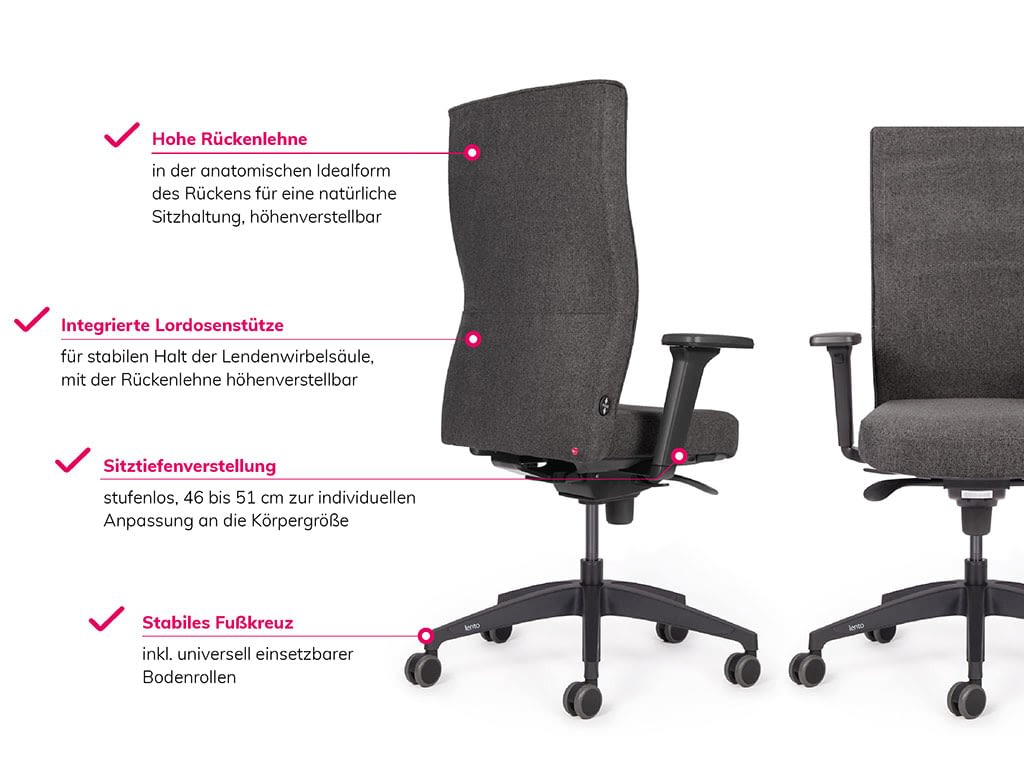 Infografik links zu allen Vorteilen vom lento Bürostuhl agilis genesis made in Germany