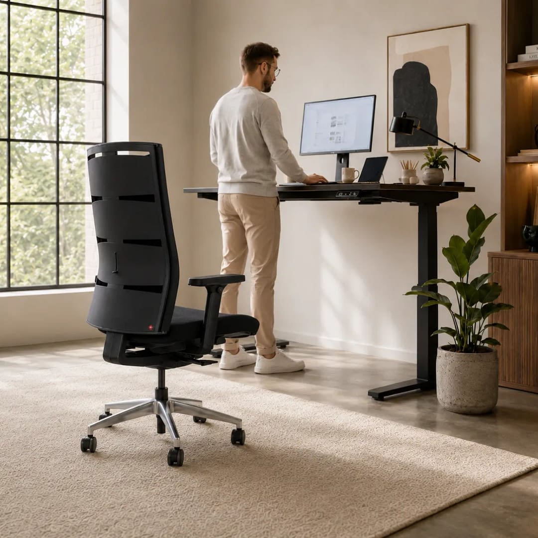Am Homeoffice-Arbeitsplatz steht eine Person am Steh-Sitz-Schreibtisch vor dem Laptop, im Vordergrund ist der ergonomische Bürostuhl agilis matrix start-up Sonderedition platziert.