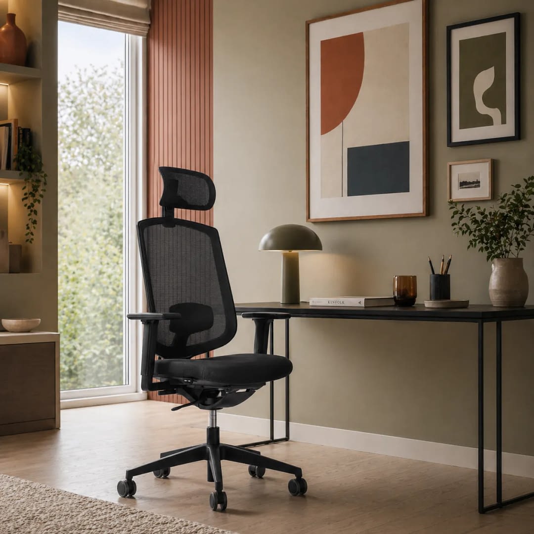 Im warm gestalteten Homeoffice ist der ergonomische Bürostuhl laboro in Schwarz mit Kopfstütze in seitlicher Ansicht im Arbeitsbereich zu sehen und zeigt seine ergonomische Nutzung.