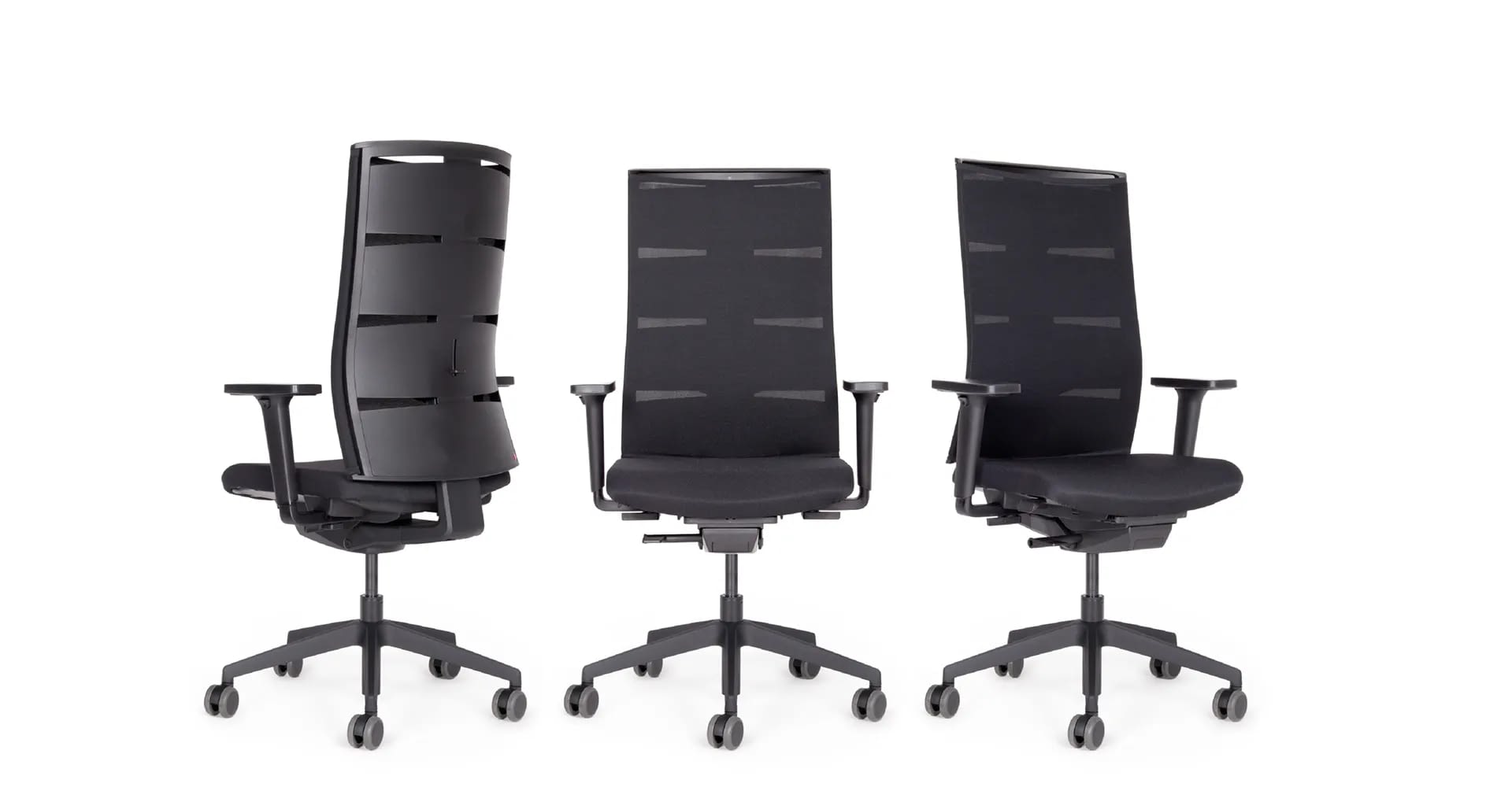 Drei Ansichten des ergonomischen Bürostuhls agilis matrix start-up in Schwarz zeigen die Front-, Perspektiv- und Rückansicht in einer gemeinsamen Übersicht.