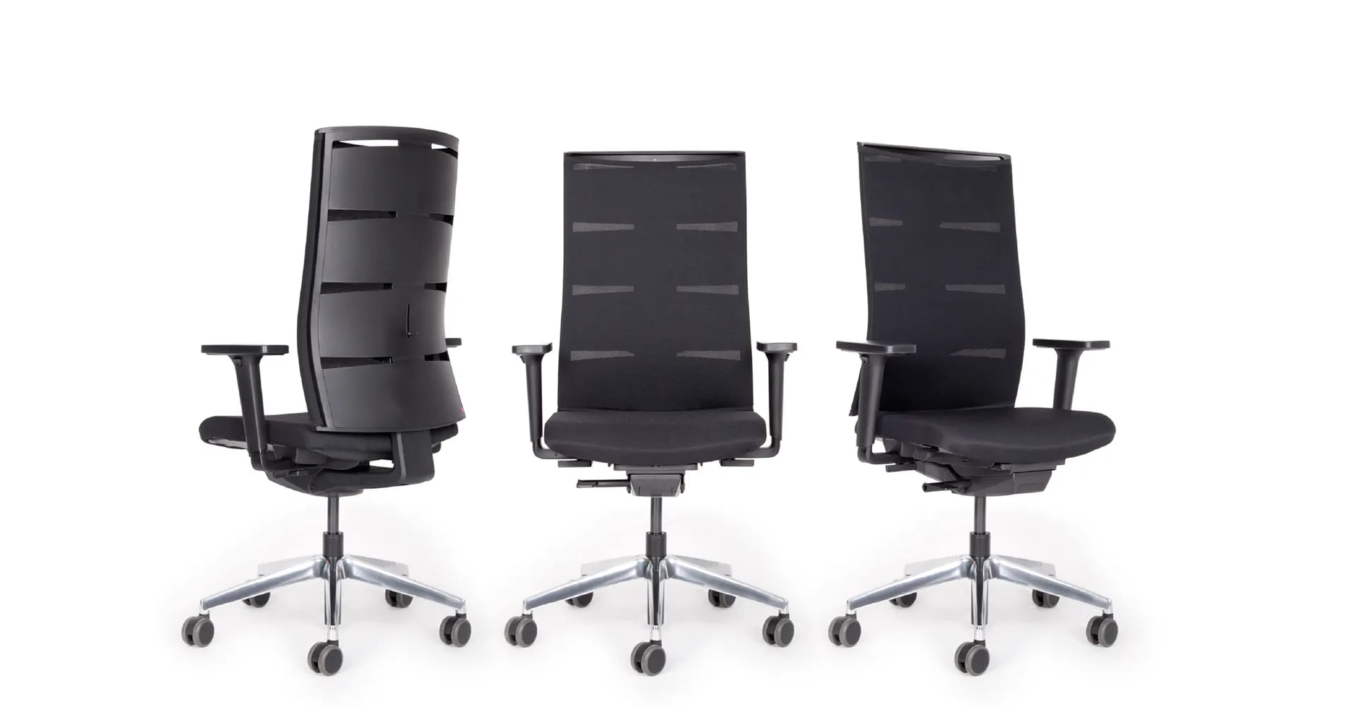 Der agilis matrix start-up ist als Sonderedition mit Aluminium-Fußkreuz in drei unterschiedlichen Ansichten dargestellt und zeigt die verschiedenen Perspektiven des ergonomischen Bürostuhls