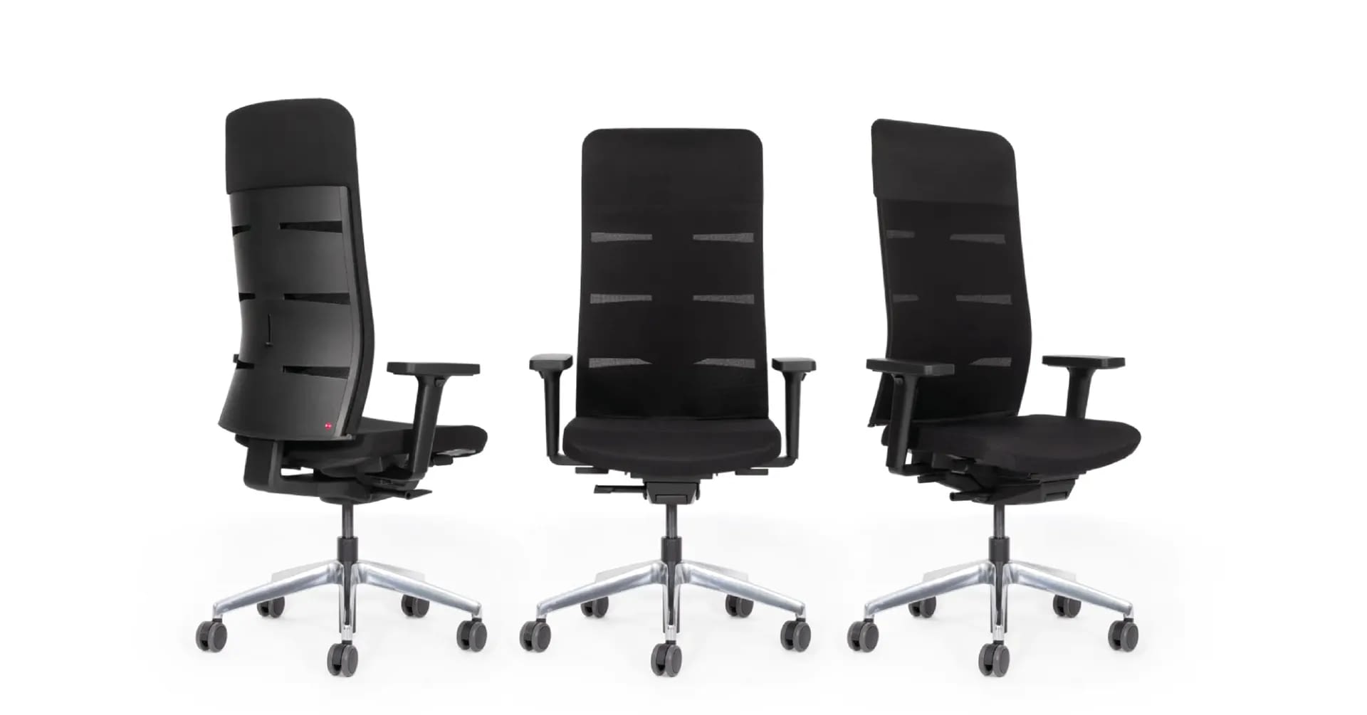 In drei Ansichten wird der ergonomische Bürostuhl agilis matrix start-up in der Sonderedition mit Aluminium-Fußkreuz und hoher Rückenlehne gezeigt und aus unterschiedlichen Perspektiven dargestellt.