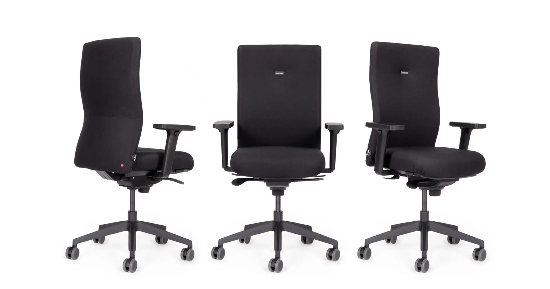 Der ergonomische Bürostuhl agilis start-up in schwarz ist in Front-, Seiten- und Rückansicht gezeigt und bietet einen Rundumblick auf das Modell.