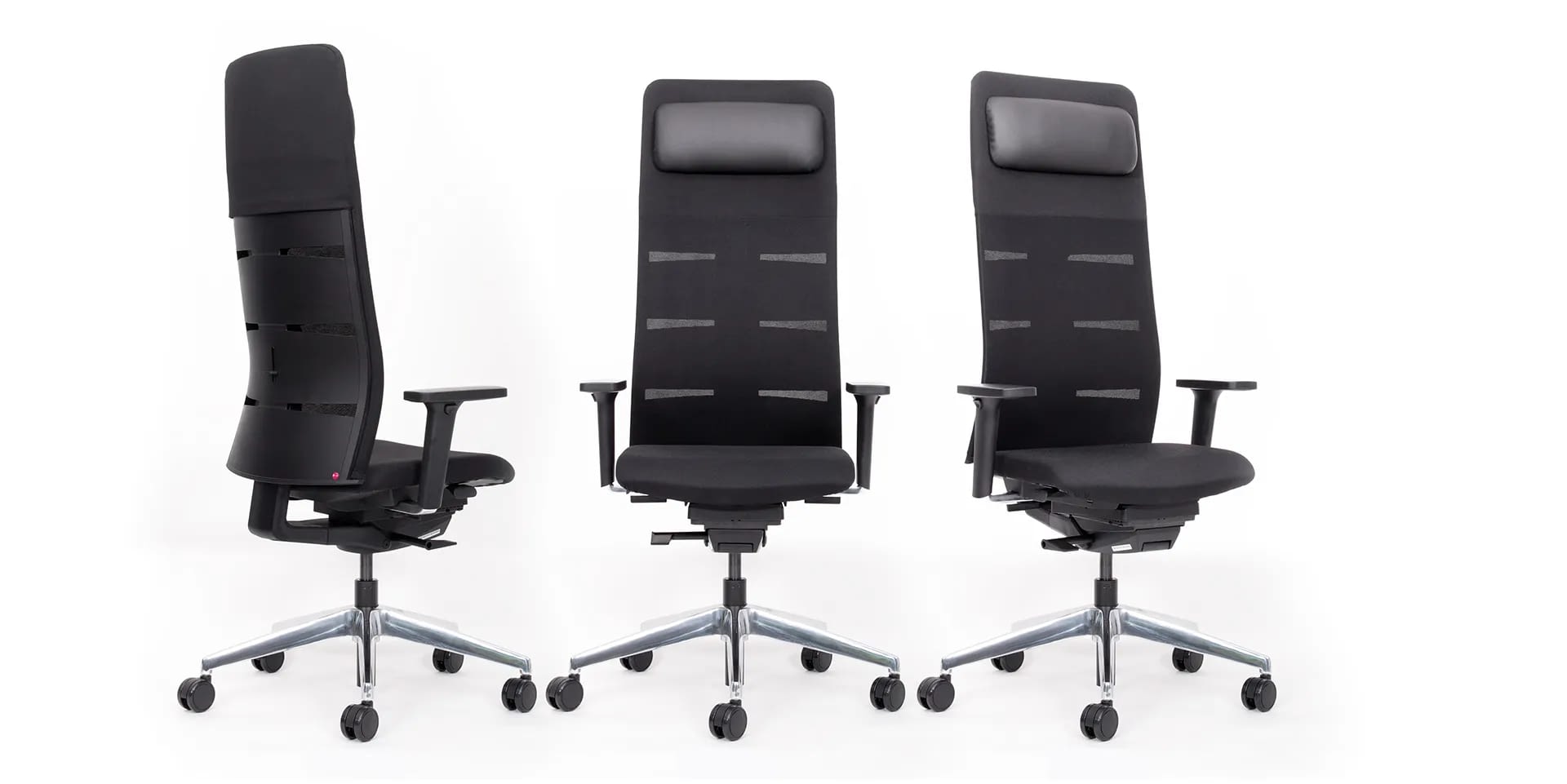 Dreifache Produktansicht des ergonomischen Bürostuhls agilis matrix mit integrierter Kopfstütze und Nackenkissen in Front-, Seiten- und Rückansicht
