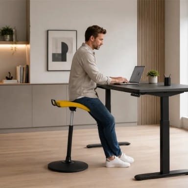 Am Arbeitsplatz in einer Büro-Umgebung ist eine Person auf dem Stehhocker sella activa in gelb am Steh-Sitzschreibtisch zu sehen.