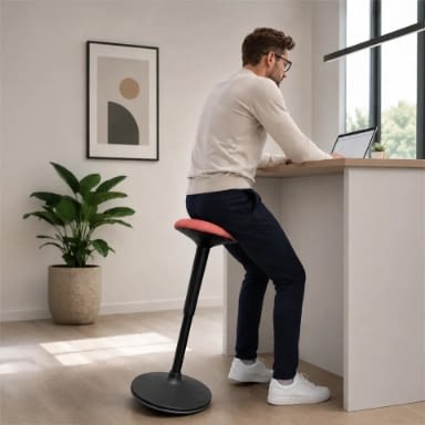 In einem Büro ist eine Person auf dem Stehhocker sella flex in korallenrot am Schreibtisch positioniert.