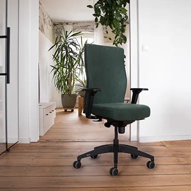 Rückenschonender, ergonomischer Bürostuhl agilis genesis grün im modernen Wohnraum, mit Pflanzen im Hintergrund, direkt vom Hersteller lento