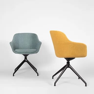 Bürostühle ohne Rollen, Konferenzstühle und Besucherstühle in zwei Farben, zwei Ansichten von vorne und seitlich im Büro Hersteller lento