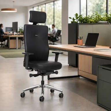 In einer offenen Arbeitsumgebung ist der ergonomische Bürostuhl agilis in schwarz aus Echtleder in Perspektivansicht neben einem Schreibtisch im Büro platziert.