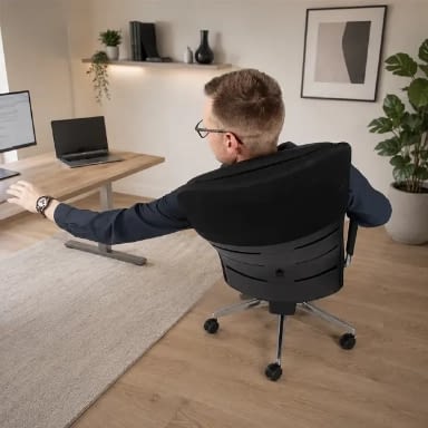 Rückwärtige Ansicht des ergonomischen Bürostuhls agilis matrix mit einer sitzenden Person im Homeoffice, die sich zurückgelehnt hat.