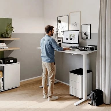 Höhenverstellbarer Schreibtisch elektrisch in weiß im Homeoffice, Person arbeitet im Stehen am PC an einem Stehschreibtisch in heller Wohnbüroumgebung, ergonomischer Arbeitsplatz made in Germany, Hersteller lento