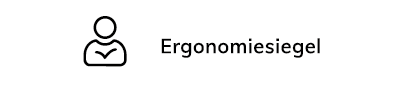Icon mit menschlicher Figur als Symbol, daneben der Schriftzug „Ergonomiesiegel“