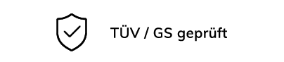 Icon mit Prüfzeichen im Schildrahmen, daneben der Schriftzug „TÜV GS geprüft“