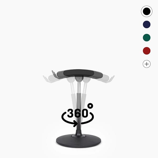 Der ergonomische Stehhocker sella activa in schwarz ist mit Tellerfuß in einer 360° Bewegungsphase als Titelbild für Büro und Homeoffice abgebildet.