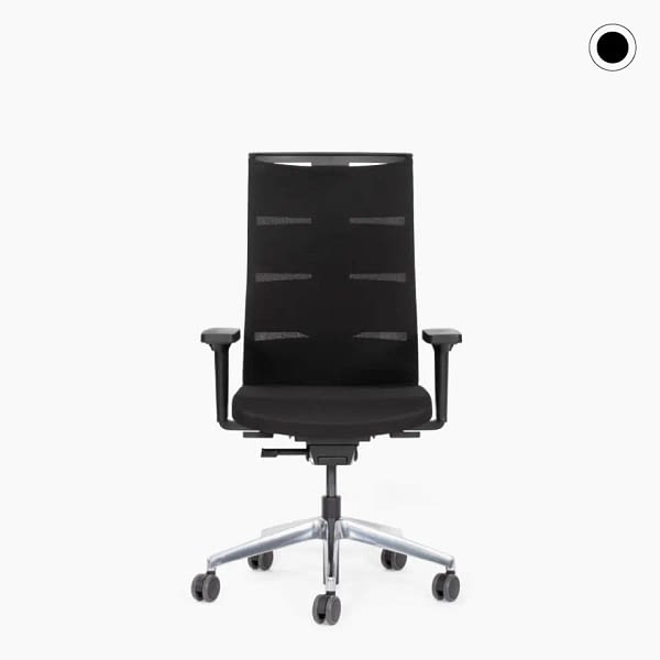 Frontal dargestellt zeigt sich der ergonomische Bürostuhl agilis matrix start-up in Schwarz mit Aluminium-Fußkreuz in klarer Ansicht.