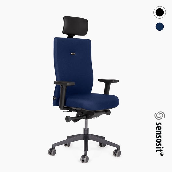 Ergonomischer Bürostuhl agilis Eco mit Sensosit Sitztechnologie für dynamisches Sitzen und mit Kopfstütze in dunkelblau von lento - Titelbild mit Schrägansicht