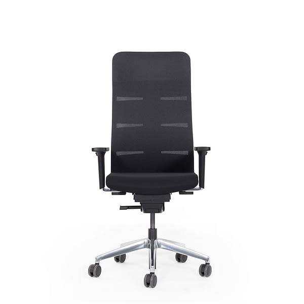 Abbildung: ergonomischer Bürostuhl mit Segment-Rückenlehne schwarz, hoch mit Aufsatz, mit integrierter Lordosenstütze (höhenverstellbar) und flexiblem Schulter-bereich, frei bewegliche Sitzneige nach vorn, stufenlos, gedämpft, 10 Jahre Garantie, TÜV GS u. Test sehr gut