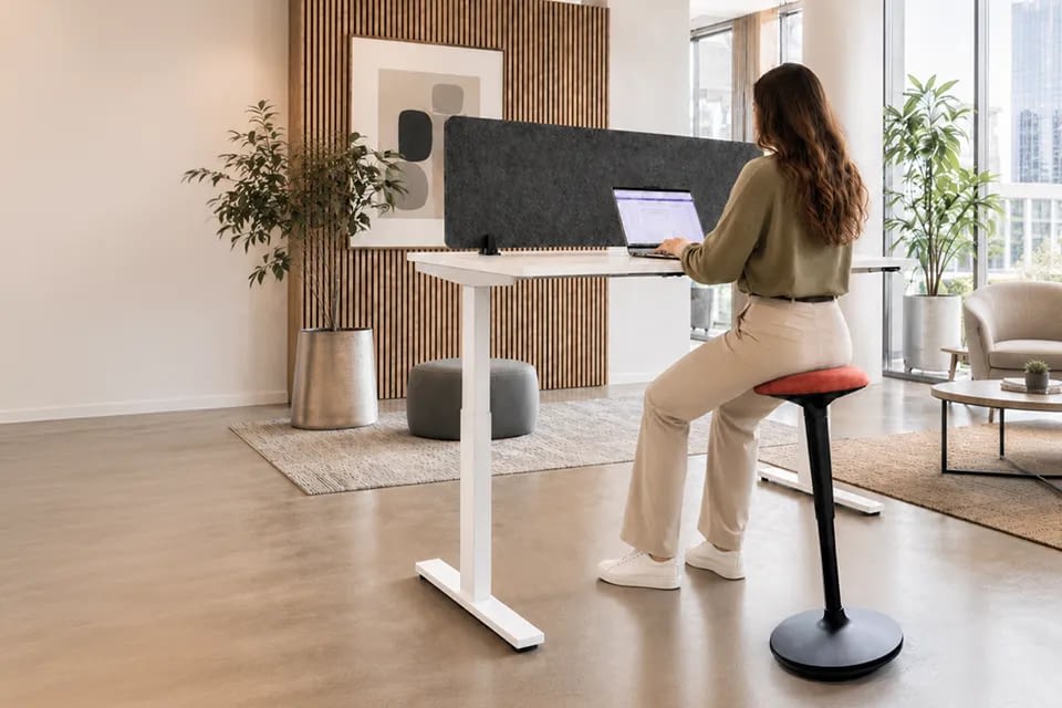 Im Homeoffice-Büro sitzt eine Person auf dem Wackelhocker am Steh-Sitzschreibtisch in Rückansicht.