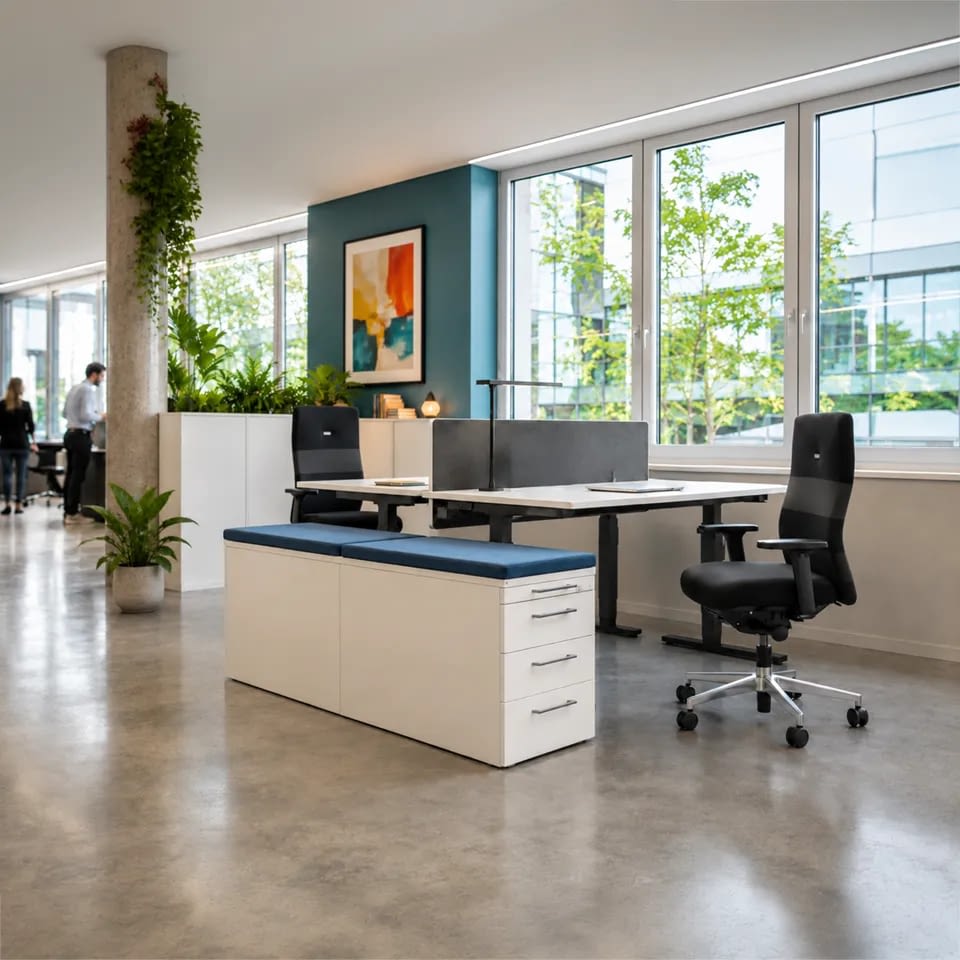 Im offenen Büro sind zwei Arbeitsplätze mit höhenverstellbaren Schreibtischen eingerichtet und mit den Bürostühlen agilis comfort in Schwarz-Grau ausgestattet.