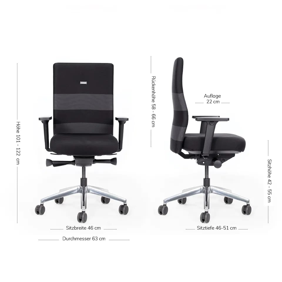 Die Maßdarstellung zeigt den ergonomischen Bürostuhl agilis comfort in schwarz-grau in Front- und Seitenansicht mit klar erkennbaren Proportionen.