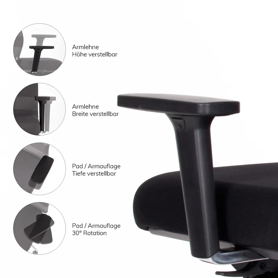 Beim ergonomischen Bürostuhl agilis comfort ist die Armlehne von hinten zu sehen, daneben zeigen vier kleine Detailbilder die verschiedenen Verstellmöglichkeiten.