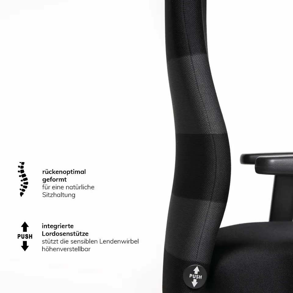 Seitliche Nahaufnahme der Rückenlehne des agilis comfort mit sichtbar integriertem Push-Knopf zur Höhenverstellung und Lordosenstütze.
