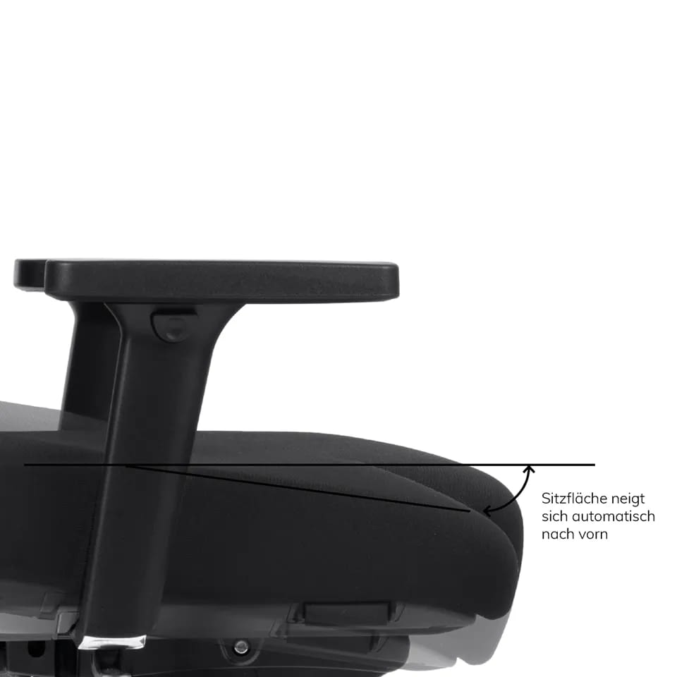 Seitliche Detailaufnahme des agilis comfort Bürostuhls mit sichtbarer Armlehne, Sitzfläche und leicht geneigter Sitzposition.