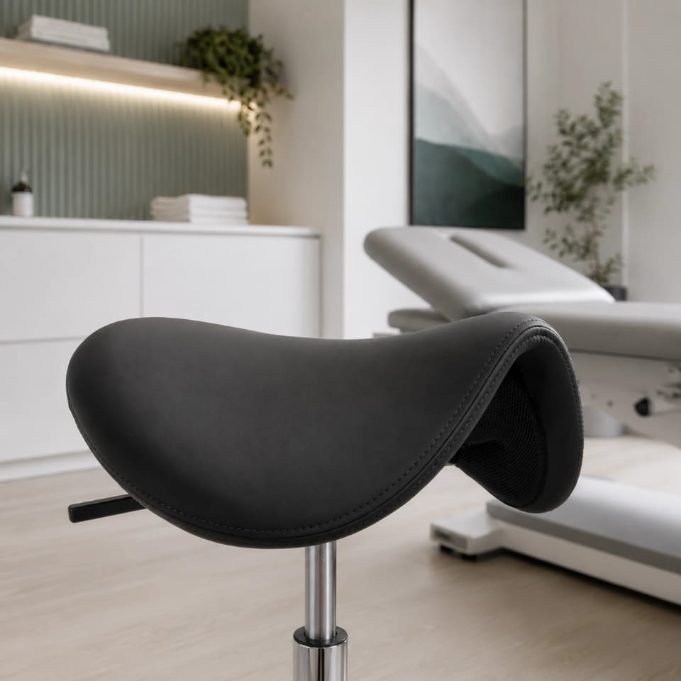 Im medizinischen Umfeld ist der ergonomische Sattelhocker sella mit schwarzem Leder zu sehen und zeigt seine funktionale Ausrichtung im Arbeitsalltag.