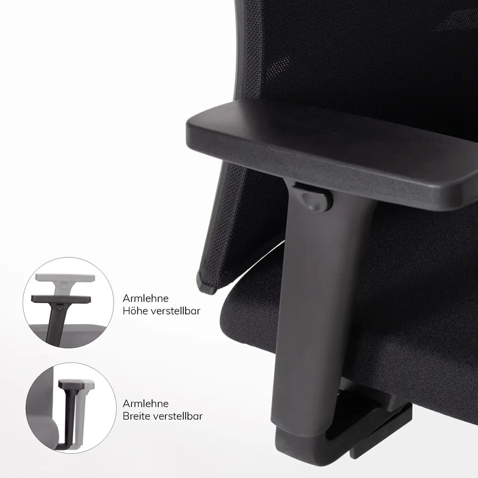 Die Armlehne des ergonomischen Bürostuhls agilis matrix start-up ist zentral dargestellt, ergänzt durch zwei Detailansichten zur Höhen- und Breitenverstellung.