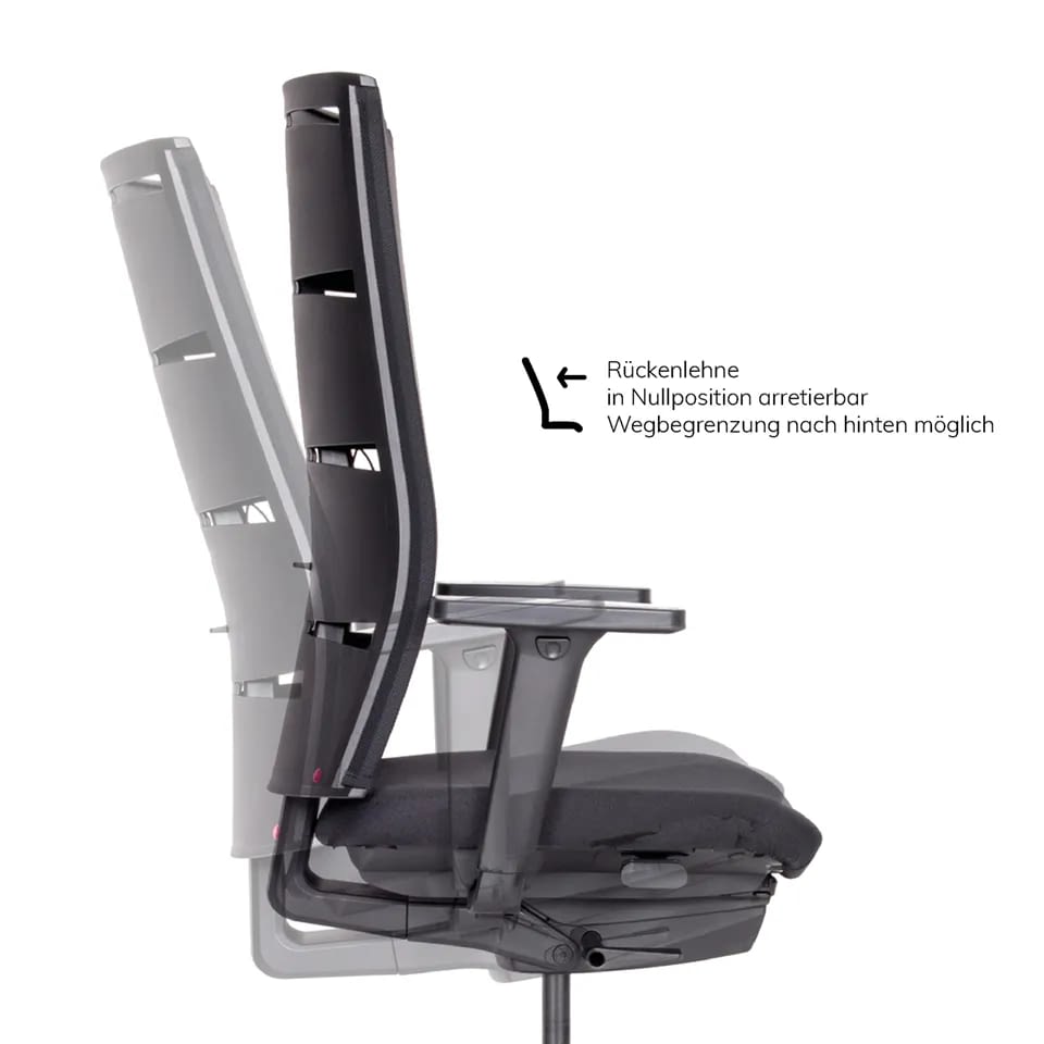 Seitlich dargestellt bewegt sich die Rückenlehne des ergonomischen Bürostuhls agilis matrix start-up mit Synchronmechanik nach hinten.