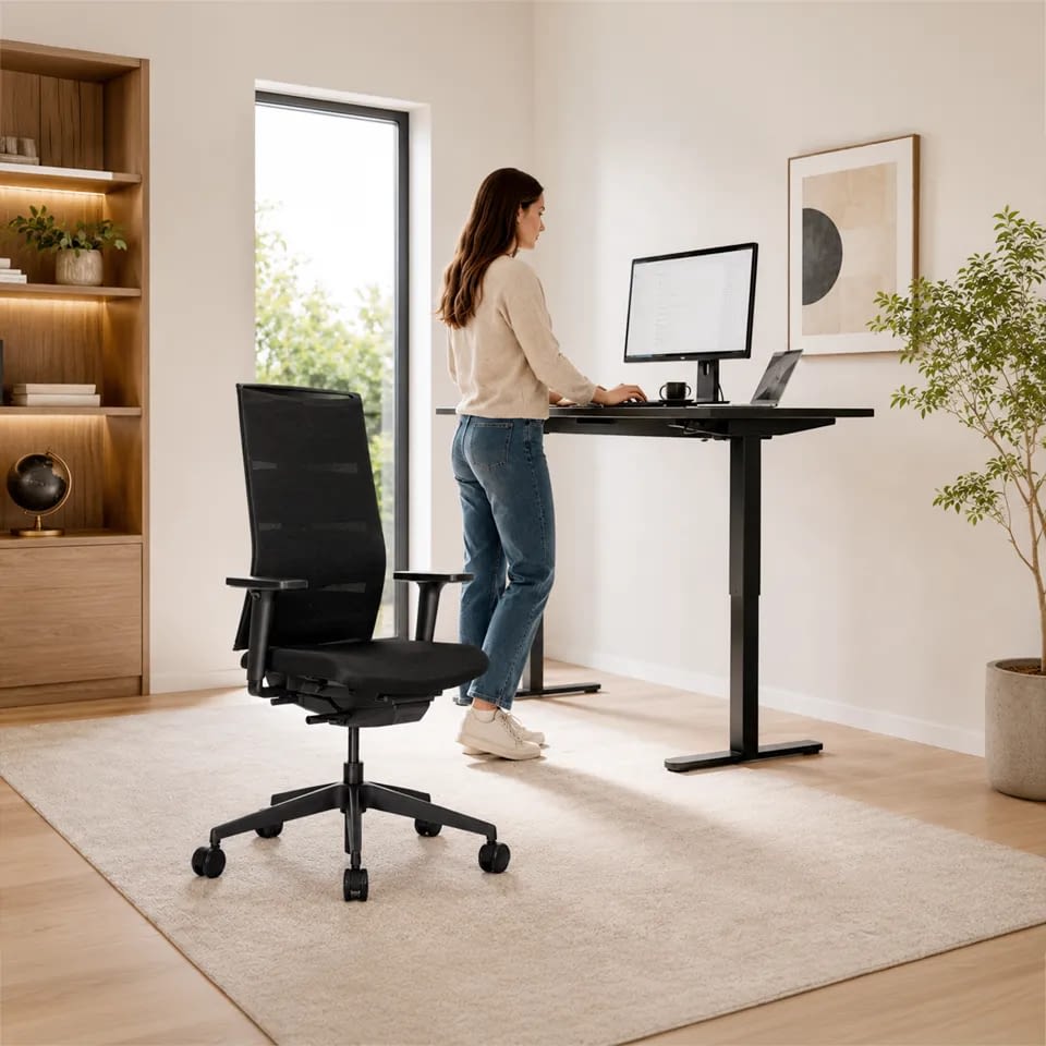 Eine Person arbeitet im Homeoffice im Stehen am Bildschirm an einem elektrisch höhenverstellbaren Schreibtisch mit schwarzem Gestell, im Vordergrund steht der Bürostuhl agilis matrix start-up in Schwarz.