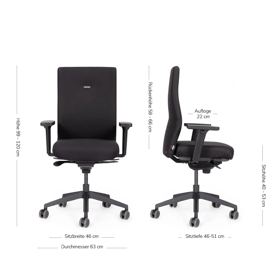 Die Abmessungen des ergonomischen Bürostuhls agilis start-up sind in Front- und Seitenansicht dargestellt und machen die Proportionen des Modells sichtbar.