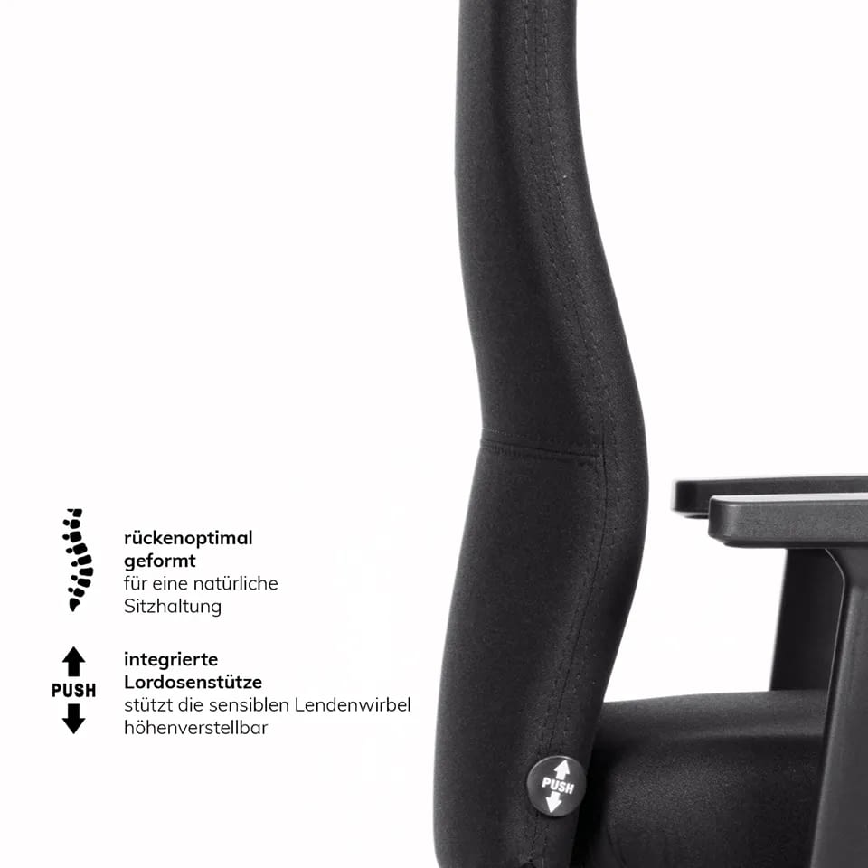 Seitliche Darstellung des ergonomischen Bürostuhls agilis start-up mit Push-up-Knopf zur Höhenverstellung der Rückenlehne und integrierter Lordosenstütze.