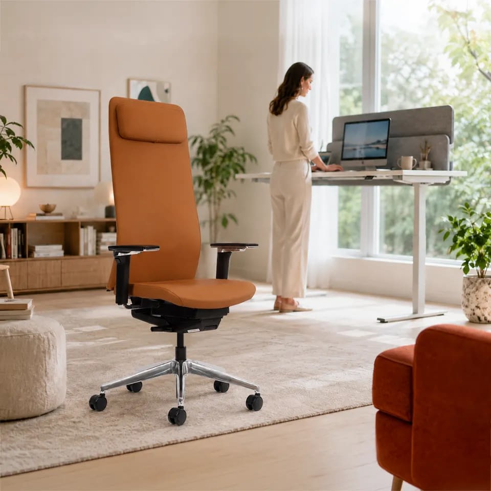 Eine Arbeitssituation im Homeoffice zeigt eine Person im Stehen am Steh-Sitzschreibtisch, während im Vordergrund der Chefsessel agilis matrix aus echtem Leder für Sitzphasen und den Wechsel zwischen Sitzen und Stehen bereitsteht.