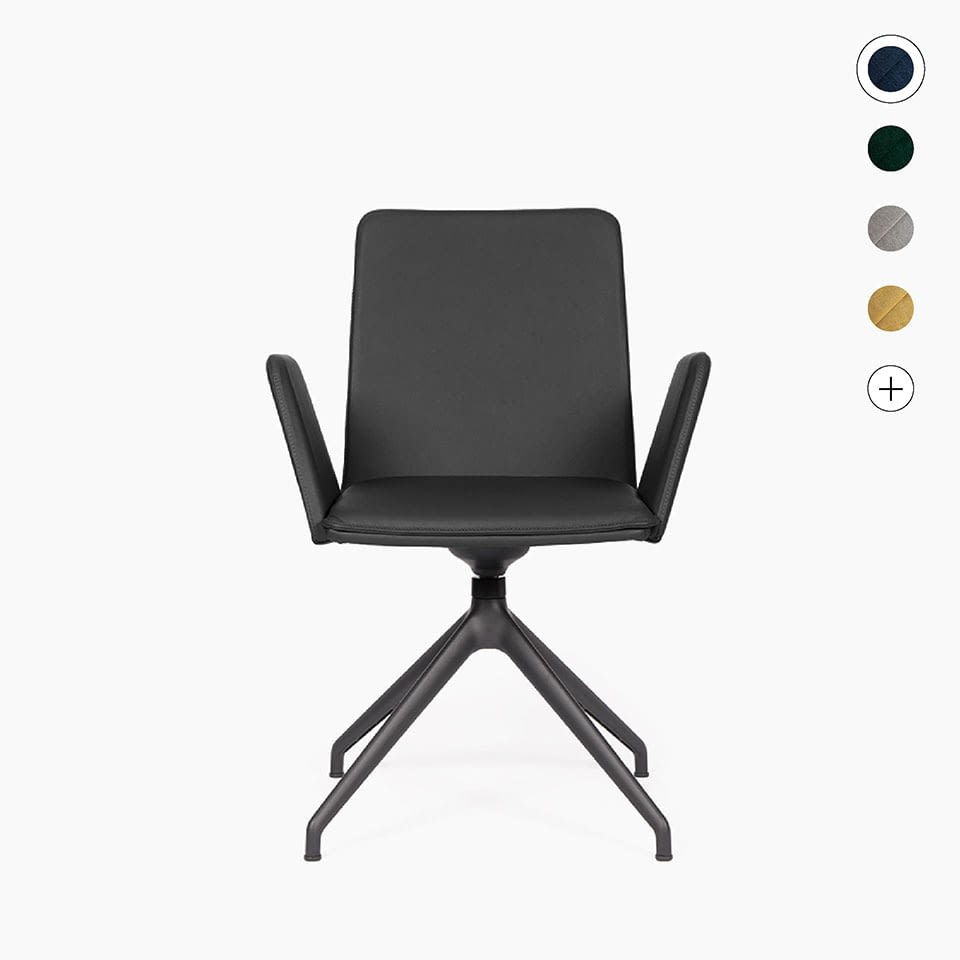 Konferenzstuhl und Drehstuhl mit Armlehnen, sitting smart, 4‑Stern‑Fußkreuz schwarz, Echtleder nero, Sicht von vorne, Titelbild, lento