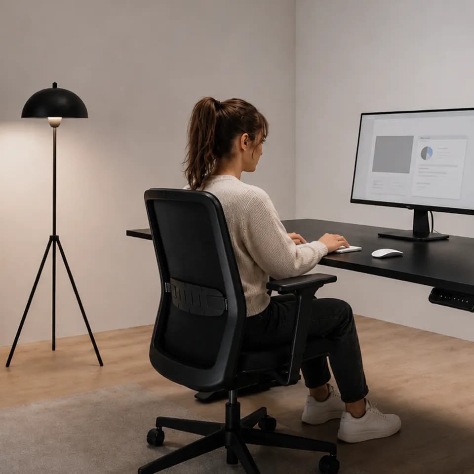 Die Szene zeigt einen Arbeitsplatz mit einer Person auf dem Bürostuhl proto, der in Rückansicht im Fokus steht.